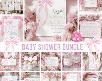 Pink Bow Baby Shower Invitation Bundle, Coquette Theme (Editable Template, Digital Download