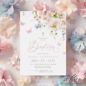Invitación de bautismo rosa, invitación de bautizo de niña, plantilla floral de bautizo, tarjeta de bautizo editable, invitación de bendición para bebé, invitación de primera comunión