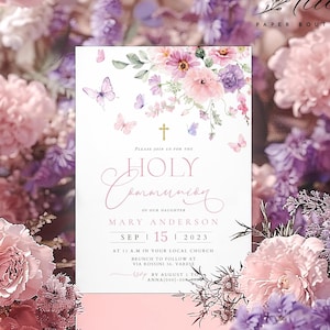 Rosa erste Kommunion Einladung Mädchen, Floral Schmetterling Heilige Kommunion Vorlage, bearbeitbar einladen, elegante religiöse Karte, Taufe einladen