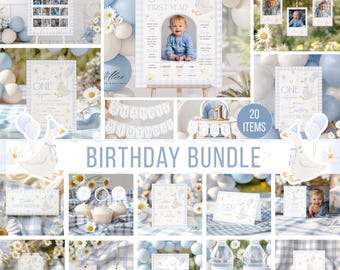 Goose 1st Birthday Party Decor Bundle, Blue Gingham, Editable & Printable (Digital Download)