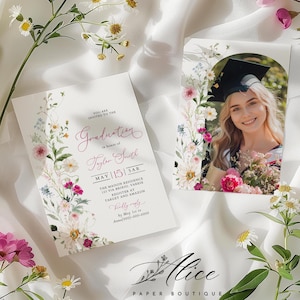 Pink Wildflower Graduation Invitation, Photo Senior Grad Party Invite, Printable Girl Graduation Announcement, Editable Coquette Grad Party