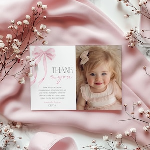 Pink Bow Thank You Card Template, Printable Thank You Card, Pink Coquette Thank You Card Editable, Pink Bow invite, 1st Birthday Girl Card