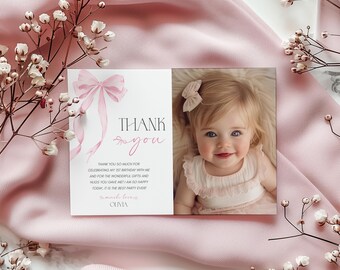 Pink Bow Thank You Card Template, Coquette Birthday (Editable, Digital Download)