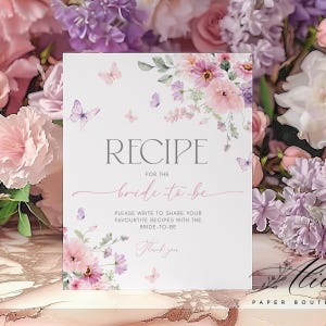 Love in Bloom Recipe Request Card, Wild Flower Bridal Shower Kitchen Card, Butterfly Printable Cooking Template, Recipe for Bride to be
