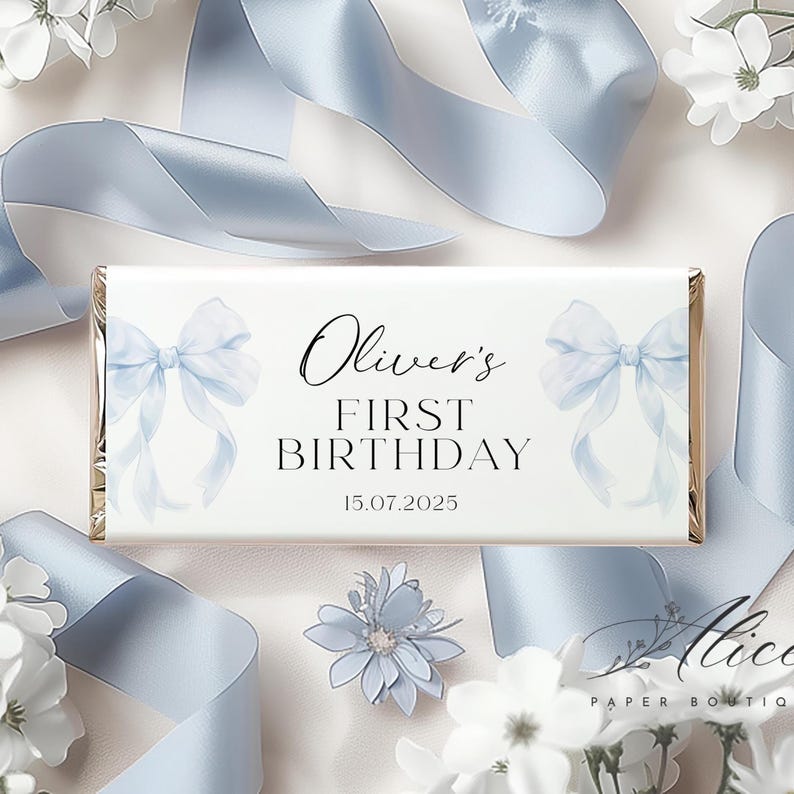 Blue Bow Chocolate Wrapper Printable, Blue Coquette 1st Birthday Favor ...