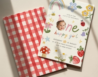 One Happy Girl 1st Birthday Invitation with Photo, Whimsical Garden Party Invite (Digital Download)