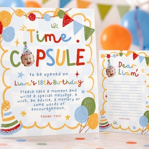 May include: A time capsule sign and matching stationery card featuring a light blue checkered background, colorful party bunting, balloons, and party hats. The text reads Time Capsule to be opened on Liam's 18th Birthday and Dear Liam.