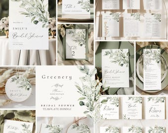 Dusty grün Brautpartyeinladung BUNDLE-Vorlage, Boho elegantes Grün stationär, romantische Zeremonie-Vorlage, bearbeitbare Antwortkarte Brida