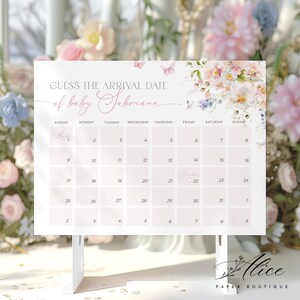 Baby in Bloom Due Date Calendar, Floral Baby Shower Game, Printable Spring Baby Shower Activity, Editable Baby Prediction Game, Girl Shower