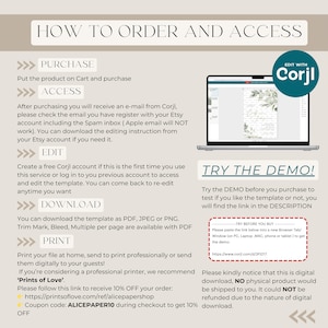 May include: A how-to guide for ordering and accessing a digital template. The guide includes instructions for purchasing, accessing, editing, downloading, and printing the template. It also includes a link to a demo version of the template and a notice that the product is digital and no physical product will be shipped.
