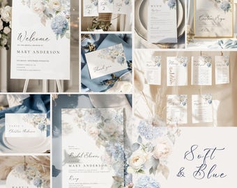Elegante blaue florale Brautparty BUNDLE-Vorlage, staubblaue Blumen stationäre Vorlage, romantische Brautvorlage, Hochzeit bearbeitbare Antwortkarten