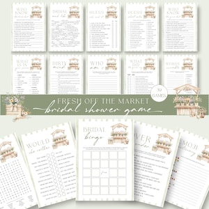 Puede incluir: Un conjunto de juegos imprimibles para la despedida de soltera, que incluyen "Quién conoce mejor a la novia", "Bingo nupcial" y "Qué preferiría". Los juegos presentan un diseño de mercado floral con el texto "Fresh Off The Market - Bridal Shower Game."