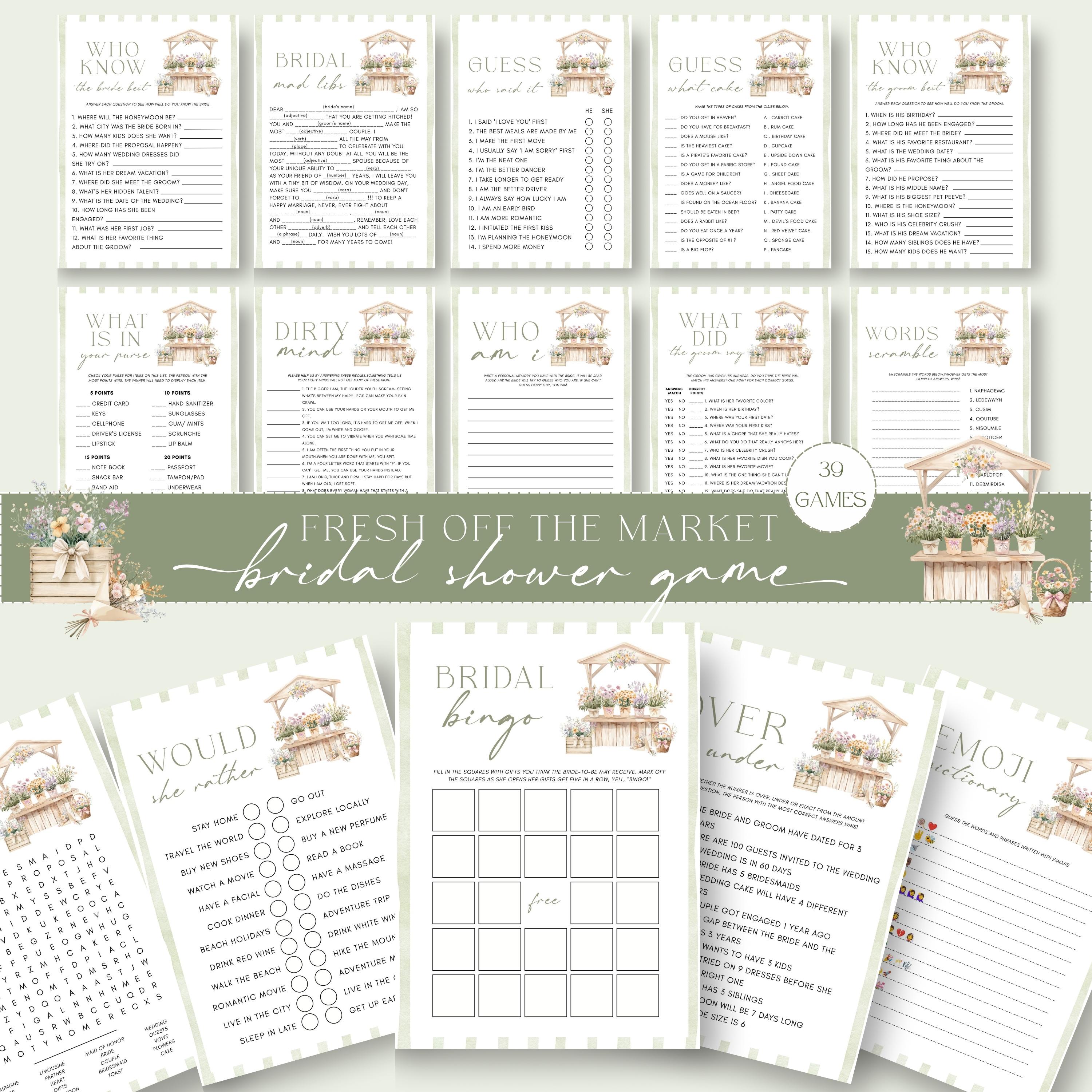 39 Fresh Off the Market Bridal Shower Games Bundle, Market Theme Printable Bridal Party Game Set, Editable Bridal Shower Fun Play Activities