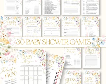 May include: A collection of 30 baby shower games with floral and butterfly designs. The games include "Words Scramble," "Baby Bingo," and "Guess How Many." The cards have a soft, pastel color palette with gold text.