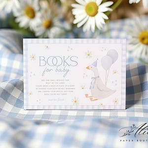 Silly Goose Books For Baby Card, Baby Shower Book Request Card, Blue Gingham Baby Shower Book For Baby, Baby Boy Book Request Printable