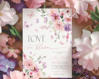 Love in Bloom Bridal Shower Invitation, Butterfly & Pink Purple Floral Template  (Digital Download)
