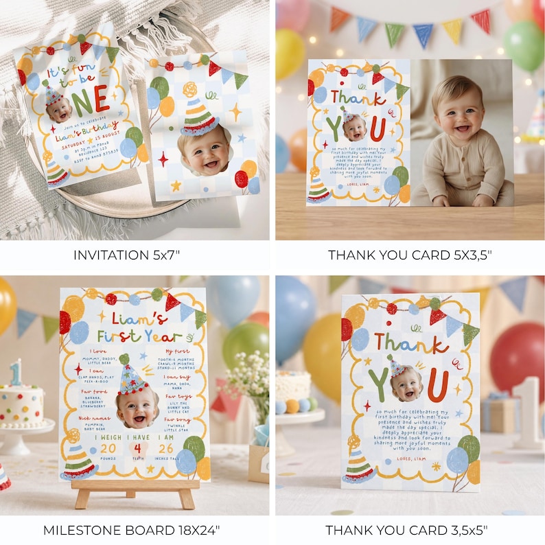 May include: A collection of first birthday stationery including a 5x7 inch invitation, a 5x3.5 inch thank you card, an 18x24 inch milestone board, and a 3.5x5 inch thank you card, all featuring colorful party graphics and baby photos.