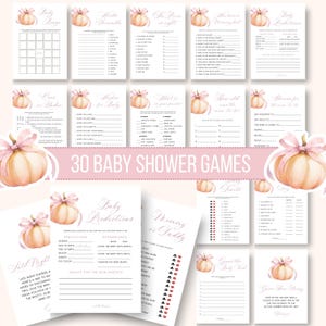 Puede incluir: Un conjunto de 30 juegos para baby shower impresos en cartulina blanca. Cada tarjeta de juego presenta una calabaza de acuarela con un lazo rosa. Los juegos incluyen Bingo, El precio es correcto y Predicciones del bebé. El texto "30 BABY SHOWER GAMES" está visible.