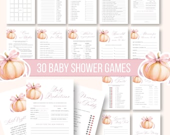 Paquete de juegos para baby shower con temática de calabazas, lazo rosa, 30 juegos imprimibles (descarga digital)