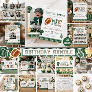 May include: A football-themed birthday party decoration bundle featuring green, brown, and white graphics. The set includes invitations, banners, cupcake toppers, signs, and tags with text like First Year Down, Birthday Bundle, and MVP.