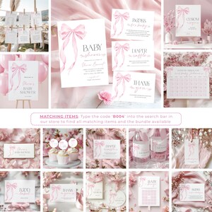 Puede incluir: Conjunto de imprimibles para baby shower en rosa y blanco con un dise&ntilde;o de lazo de acuarela. El conjunto incluye invitaciones, tarjetas de agradecimiento, etiquetas para alimentos, boletos de rifa de pa&ntilde;ales y m&aacute;s. El texto de la invitaci&oacute;n dice "Baby Shower" y "Olura Bennet".