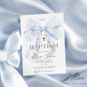 Invitación de bautismo con lazo azul, invitación de bautizo DIY, invitación de comunión azul, tarjeta de ceremonia religiosa para bebé niño editable e imprimible