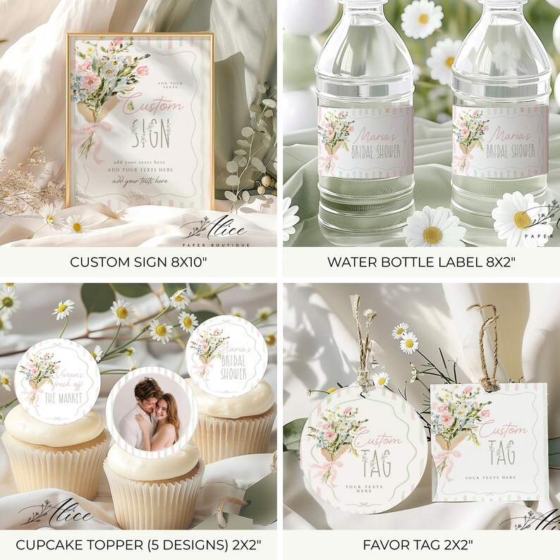 May include: A collection of wedding stationery items, including a custom sign, water bottle labels, cupcake toppers, and favor tags. Each item features a floral design with pink and white flowers and the text "Custom Sign," "Bridal Shower," and "Favor Tag."