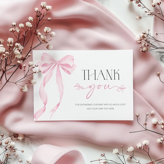 Pink Bow Baby Shower Thank You Card Template (Digital Download)