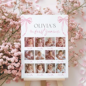 Pink Bow First Year Photo board, Bow Birthday Milestone Photos, Baby's First Year Month Photos, Birthday Photo Collage, Pink coquette Photo