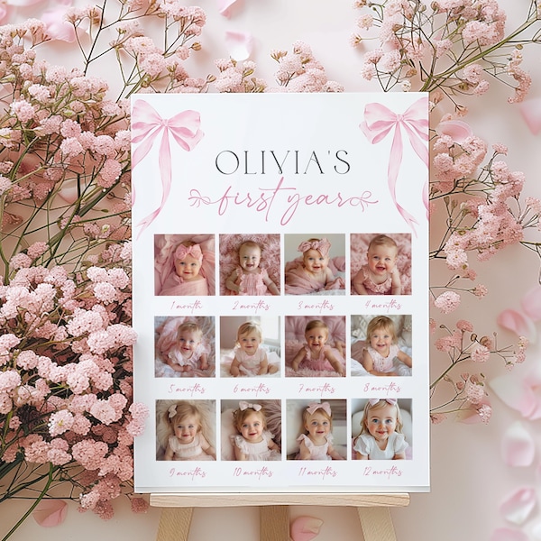 Pink Bow First Year Photo board, Bow Birthday Milestone Photos, Baby's First Year Month Photos, Birthday Photo Collage, Pink coquette Photo