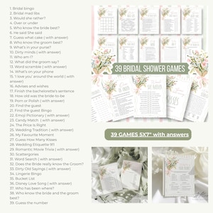 May include: A collection of 39 bridal shower games printed on white cards, each adorned with floral bouquets. The games include various activities like bingo, trivia, and word games. The cards are 5x7 inches in size and include answers.