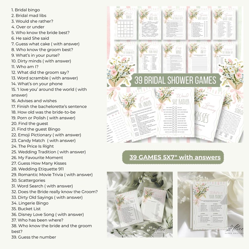 May include: A collection of 39 bridal shower games printed on white cards, each adorned with floral bouquets. The games include various activities like bingo, trivia, and word games. The cards are 5x7 inches in size and include answers.