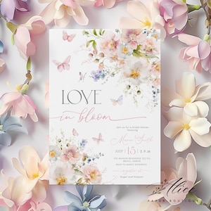 Love in Bloom Bridal Shower Invitation, Wildflower Invitation, Butterfly Bridal Shower Invite Printable, Pink Purple Floral Bridal Invite