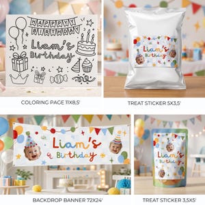 May include: A birthday party set including a coloring page with black line art, a rectangular backdrop banner, and two treat bags with stickers. The items feature the text 'Liam's Birthday', colorful party graphics, and a photo of a child in a party hat.