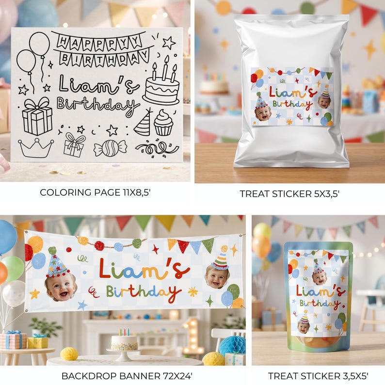 May include: A birthday party set including a coloring page with black line art, a rectangular backdrop banner, and two treat bags with stickers. The items feature the text 'Liam's Birthday', colorful party graphics, and a photo of a child in a party hat.