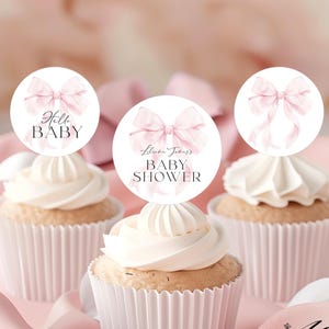 Pink Bow Baby Shower Cupcake Toppers, Pink Coquette Cake Toppers, Printable Cupcake Decoration, Editable Sticker Label Girl Baby Shower Pink