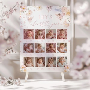 Fairy First Birthday One Year Photo Board, Monthly Baby Photo Display, Editable Pink Woodland Fairy Theme, Printable Girl Party Keepsake