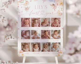 Fairy First Birthday One Year Photo Board, Monthly Baby Photo Display, Editable Pink Woodland Fairy Theme, Printable Girl Party Keepsake