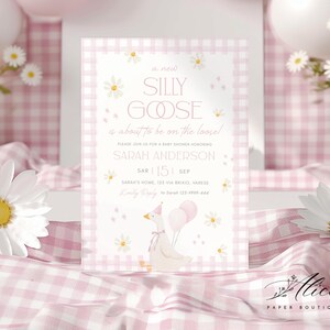 Silly Goose Baby Shower Invitation Girl, Editable Printable Pink Goose Party Invite, Pink Gingham Baby Girl Shower Card Template Classic