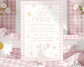 May include: A pink and white gingham baby shower invitation with a cartoon goose wearing a party hat and holding balloons. The text reads "A new Silly Goose is about to be on the loose!" and includes the name "Sarah Anderson" and the date "SAR 1151 SEP".
