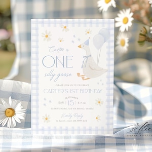 One Silly Goose Birthday Invitation, Blue Gingham 1st Birthday Invite, Editable Goose Party Template for baby, Printable First Birthday Card