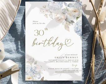 Floral Birthday Invitation, Dusty Blue Flowers, Editable Template (Digital Download)