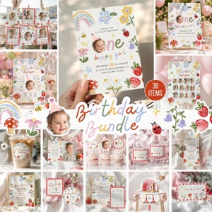 May include: A birthday party stationery bundle featuring illustrations of rainbows, flowers, strawberries, mushrooms, and ladybugs. The set includes invitations, milestone boards, cupcake toppers, water bottle labels, menus, and place cards with text.