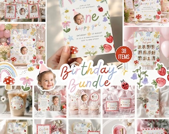 May include: A birthday party stationery bundle featuring illustrations of rainbows, flowers, strawberries, mushrooms, and ladybugs. The set includes invitations, milestone boards, cupcake toppers, water bottle labels, menus, and place cards with text.