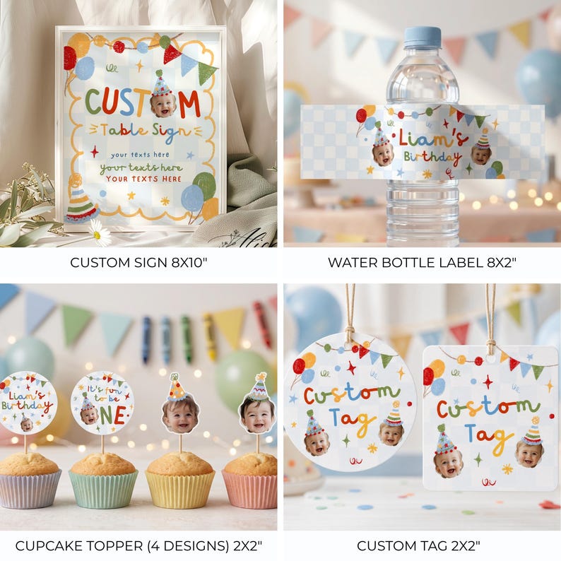 May include: A collection of birthday party supplies featuring a 8x10 inch custom sign, an 8x2 inch water bottle label, four 2x2 inch cupcake toppers, and two 2x2 inch custom tags, all decorated with colorful balloons, party hats, and a child's photo.