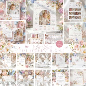 Wildflower 1st Birthday Bundle, Editable Floral Girl Birthday Invite, Birthday Sign Template, Printable Pastel Party Kit for First Birthday