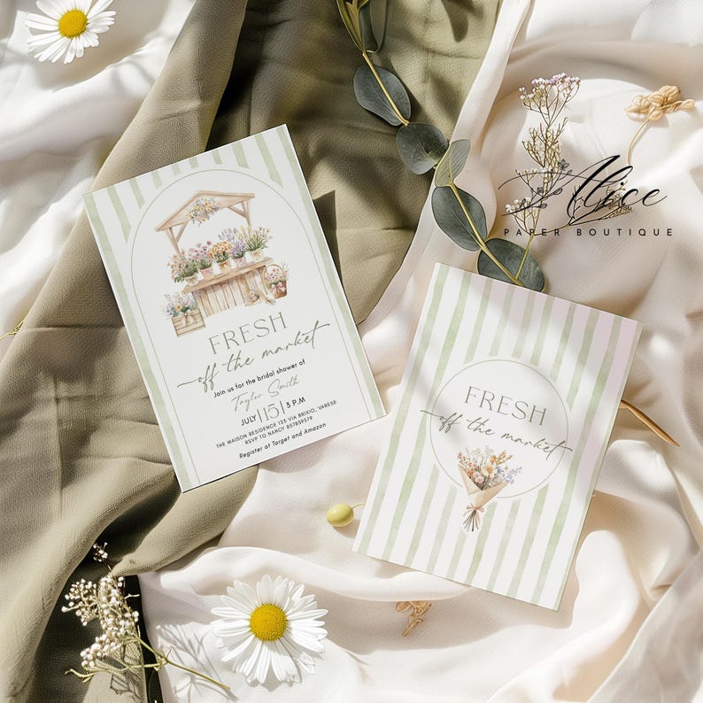 May include: Two invitation cards with a floral market theme. One card features a market stall illustration with flowers, the text "FRESH off the market", and event details. The other card has a striped background, a floral bouquet, and the text "FRESH off the market".