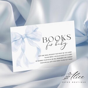 Blue Bow Books For Baby Card, Baby Shower Book Request Card, Blue Coquette Baby Shower Book For Baby, Baby Boy Book Request Printable