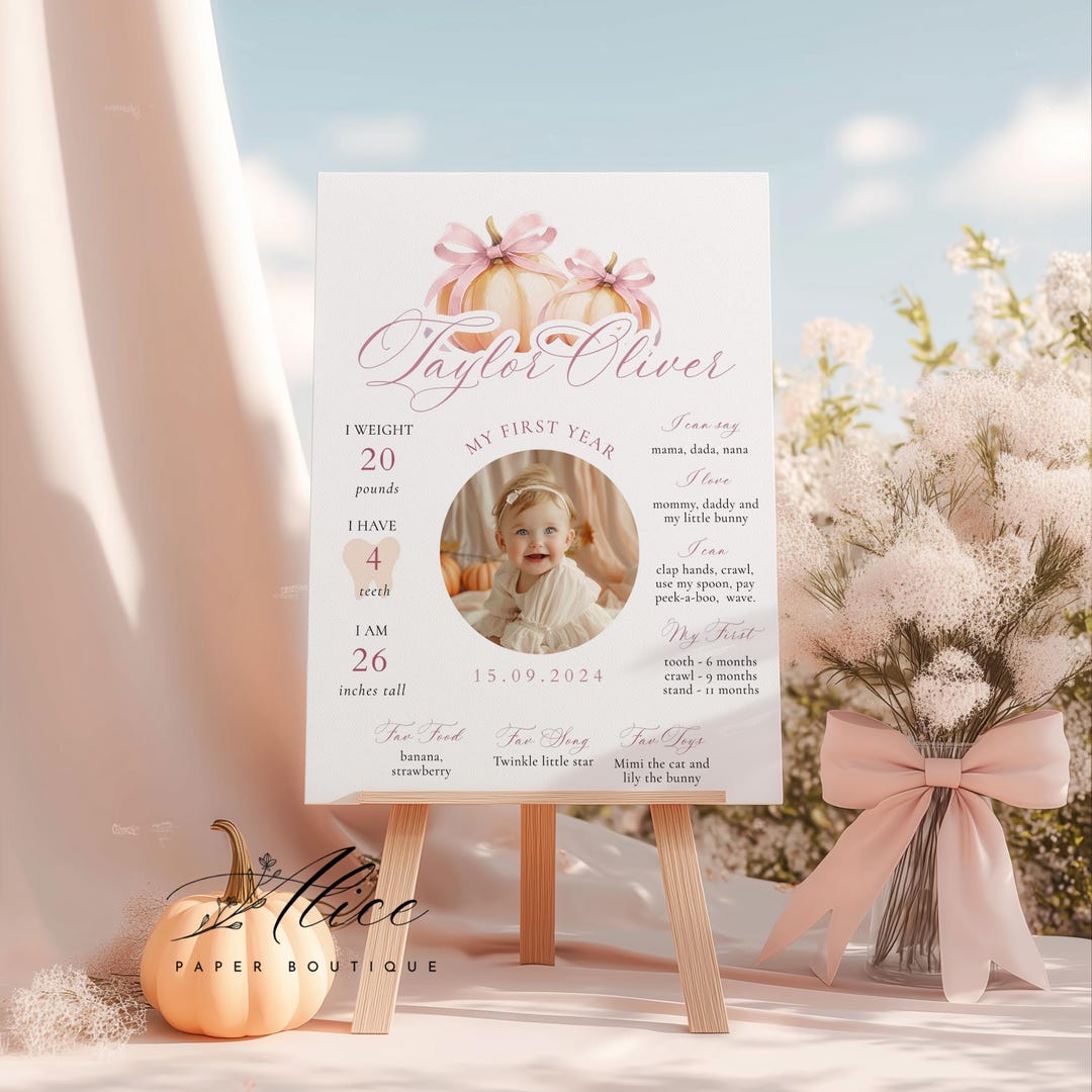 Pinkstats Signage Pink Pumpkin 1st Birthday Milestone Sign, Pink Bow Coquette Editable ...
