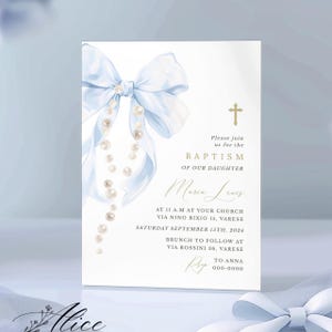 Faire-part de baptême avec noeud bleu, faire-part de baptême bricolage, faire-part de communion bleu, carte de cérémonie religieuse bébé garçon modifiable et imprimable